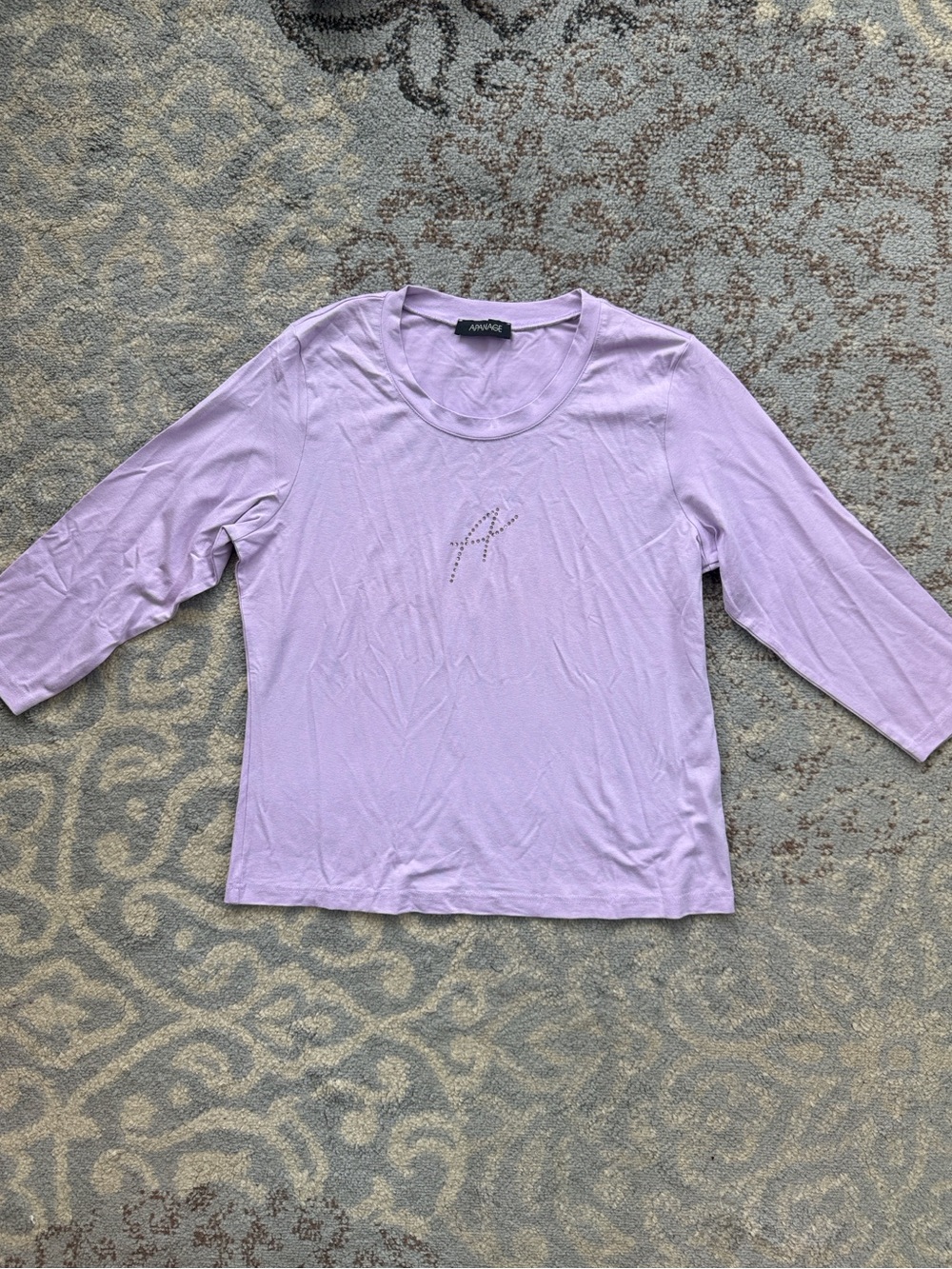 Apanage Rhinestone Logo 3/4 Sleeve Stretch Knit Top Lavender Large